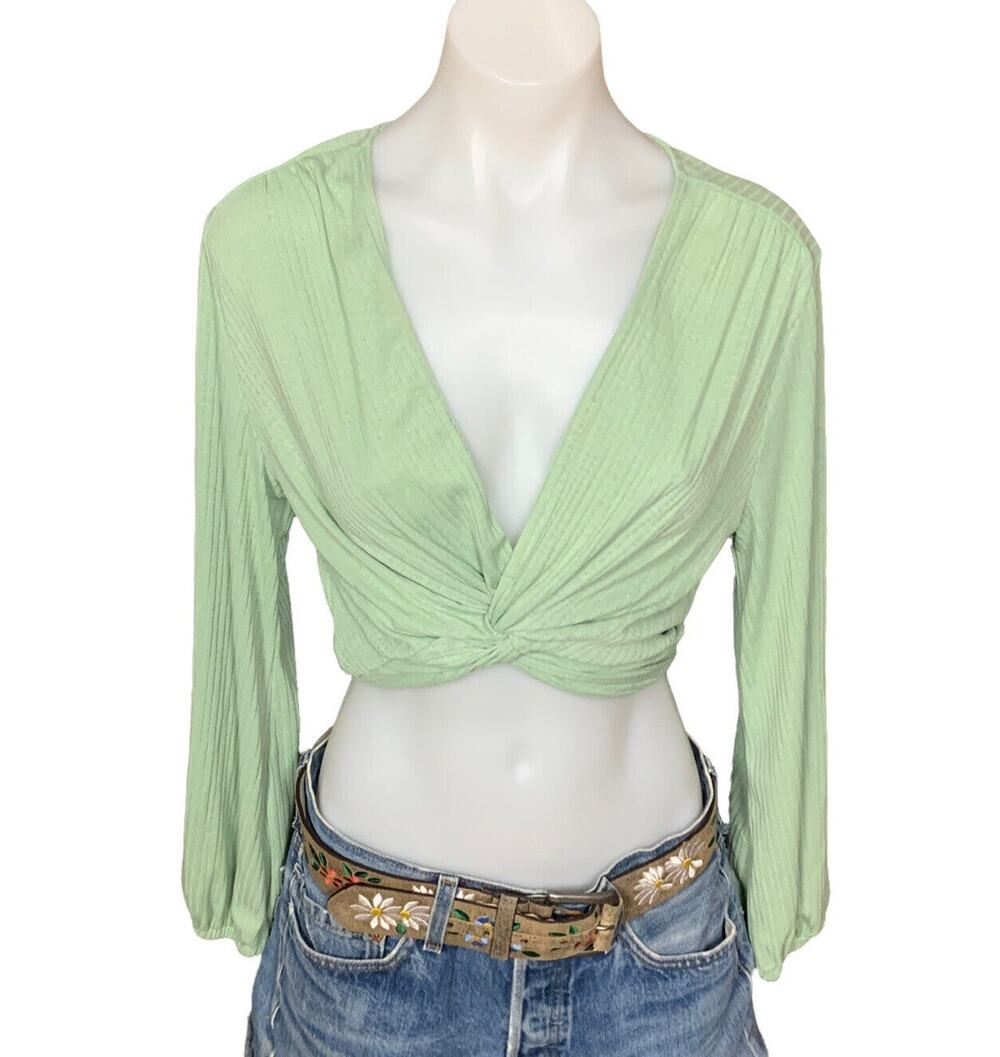 Twist Front Crop Top SMALL Festival Balloon Sleeves Plunging Pistachio Green NEW